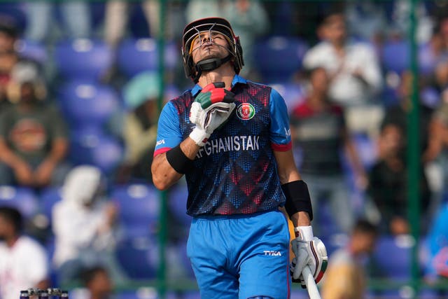 Rahmanullah Gurbaz hit a brilliant 80 for Afghanistan against England in Delhi (Manish Swarup/AP)