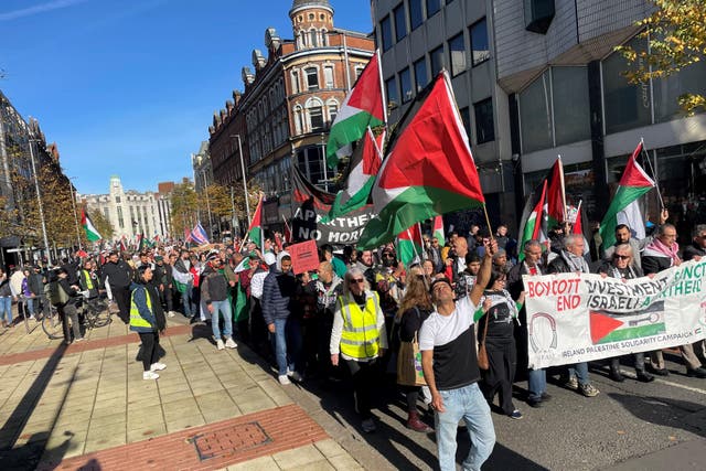 Thousands have taken part in a rally in support of Palestinians in Belfast (Jonathan McCambridge/PA)