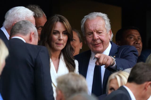 The Princess of Wales in the stands with Bill Beaumont, the chairperson of World Rugby, right, before the Rugby World Cup 2023 quarter-final match at the Stade Velodrome in Marseille (David Davies/PA Wire)