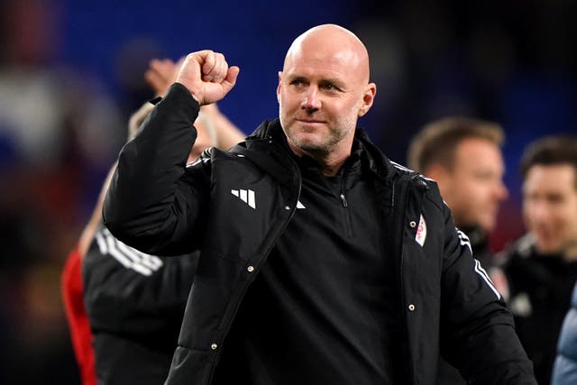 Wales manager Rob Page celebrates his side’s 2-1 victory over Croatia in Euro 2024 qualifying (Tim Goode/PA)