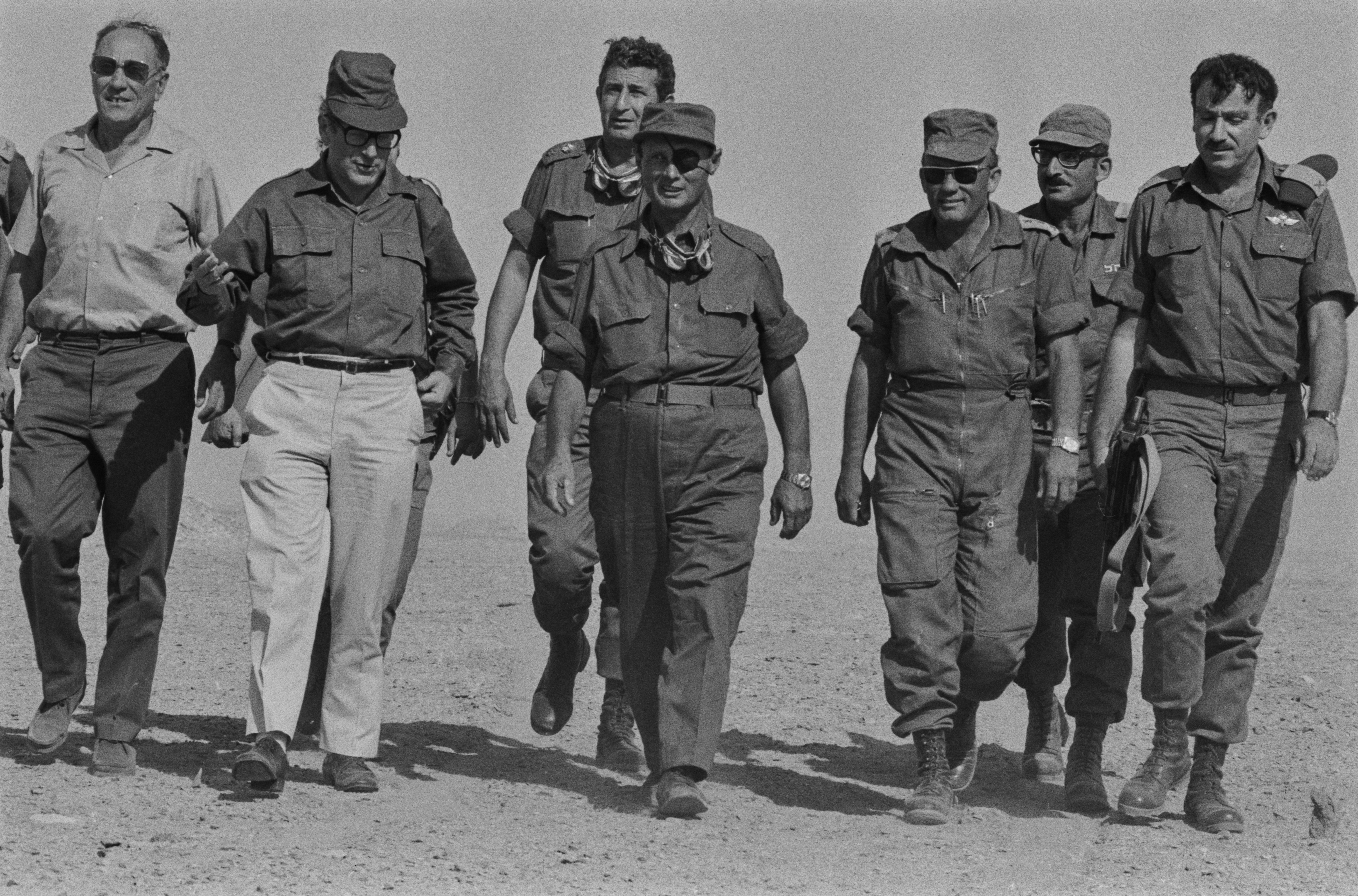 Israel’s defence minister Moshe Dayan (1915-1981, centre) at the battlefront during the Yom Kippur war