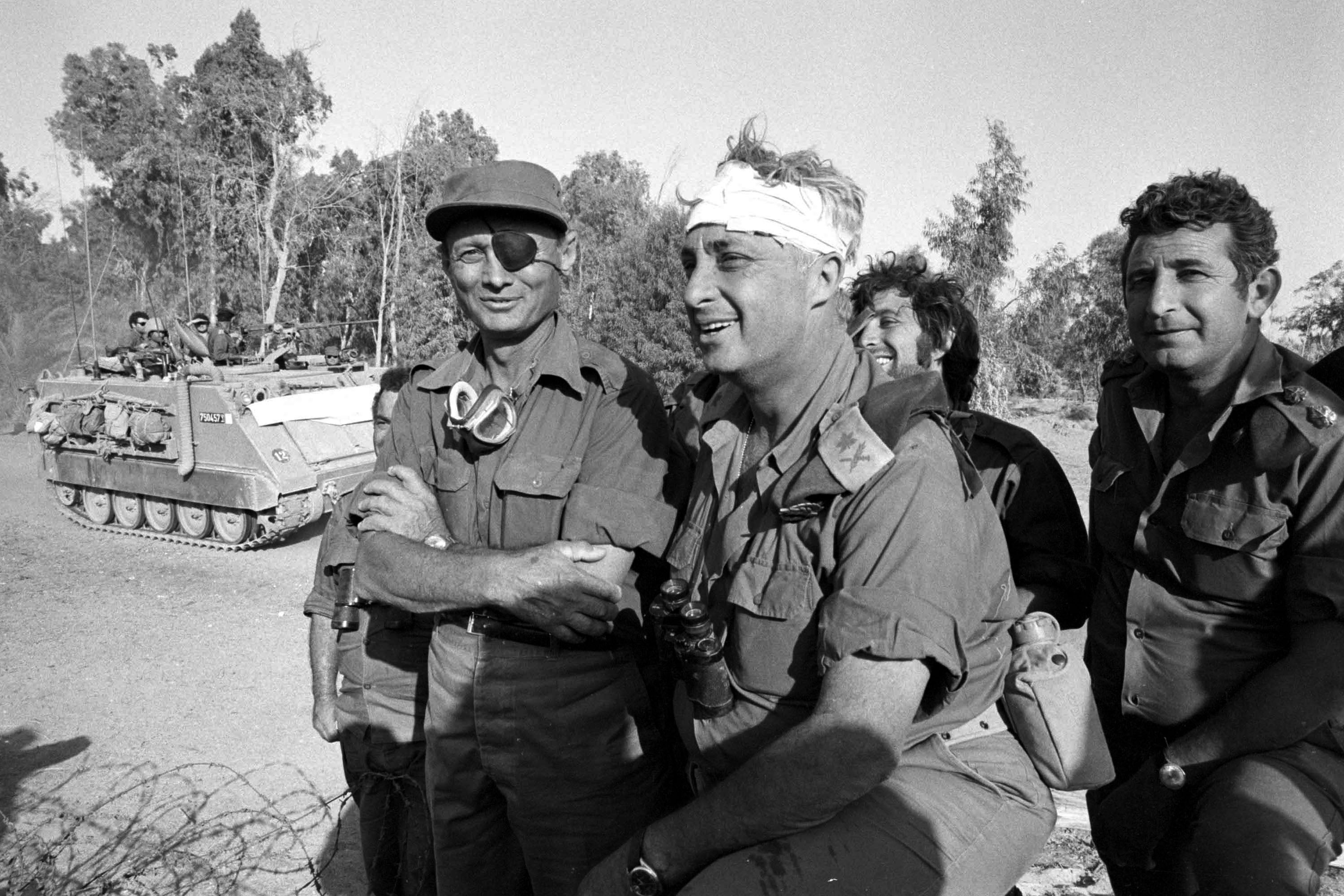 Israeli army southern command general Ariel Sharon with Moshe Dayan at the Suez Canal in 1973