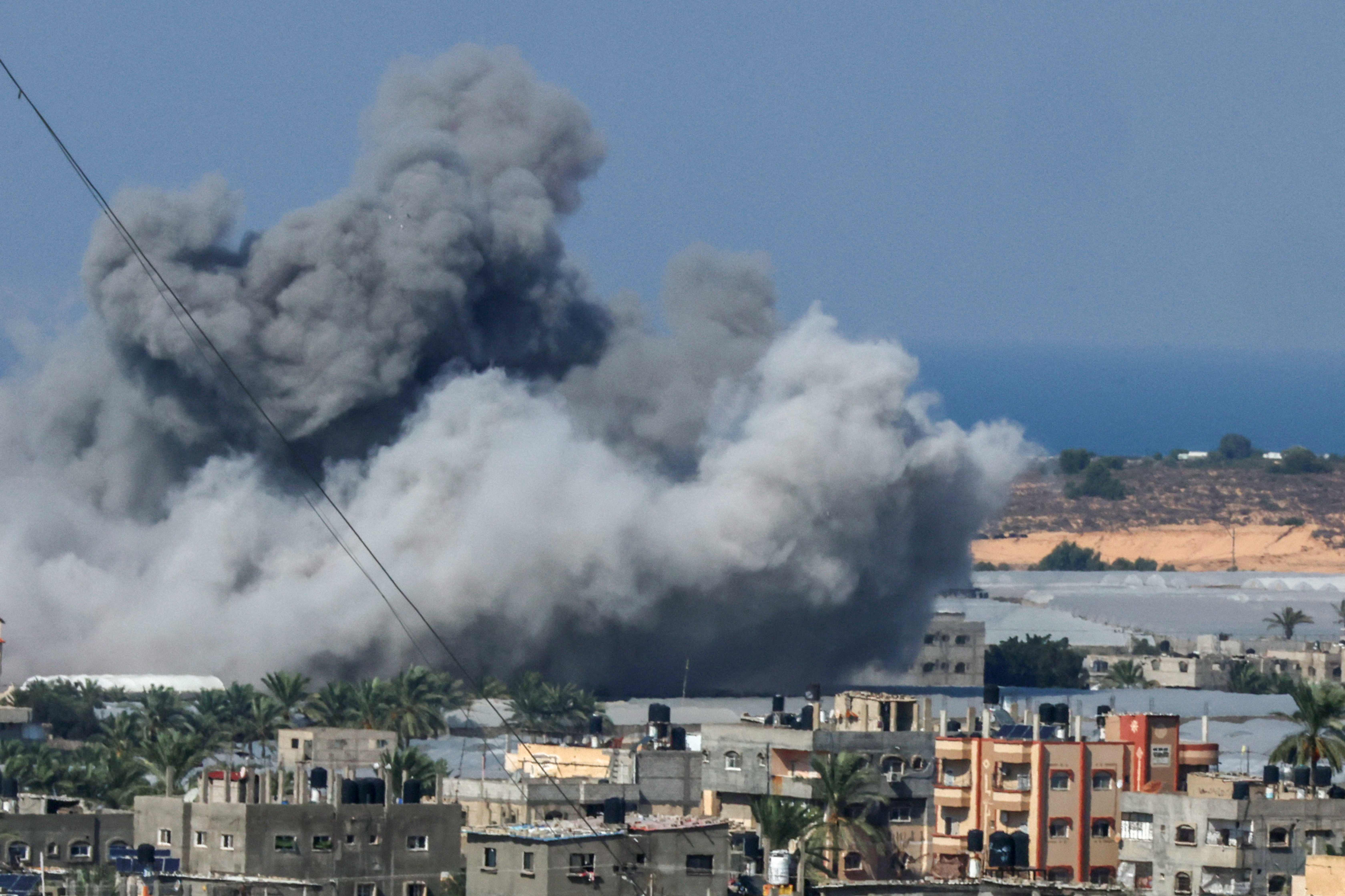 Smoke billowed after an Israeli air strike in Rafah in the southern Gaza Strip on Monday