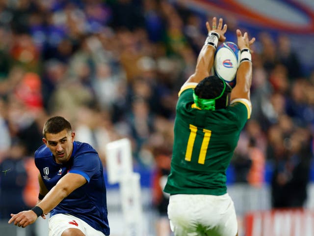 <p>France's Thomas Ramos has his try conversion kick charged down by South Africa's Cheslin Kolbe</p>