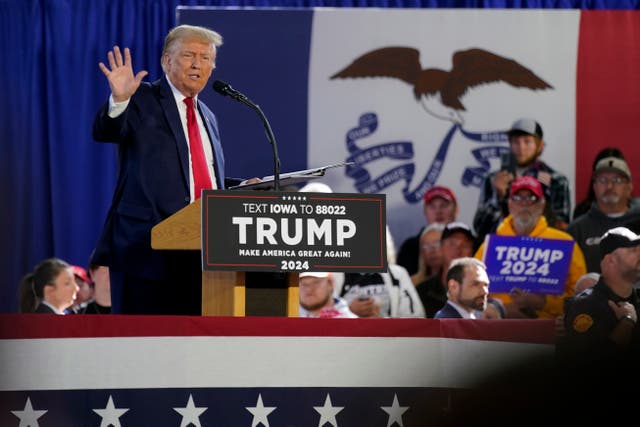 <p>Former President Donald Trump speaks during a commit to caucus rally, Saturday, Oct. 7, 2023, in Waterloo, Iowa</p>