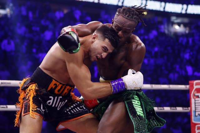 <p>Tommy Fury, left, laboured to victory over KSI (Will Matthews/PA)</p>