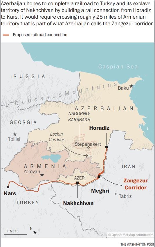 Map showing Armenia, Azerbaijan and what the Azeris call the Zanzegur corridor