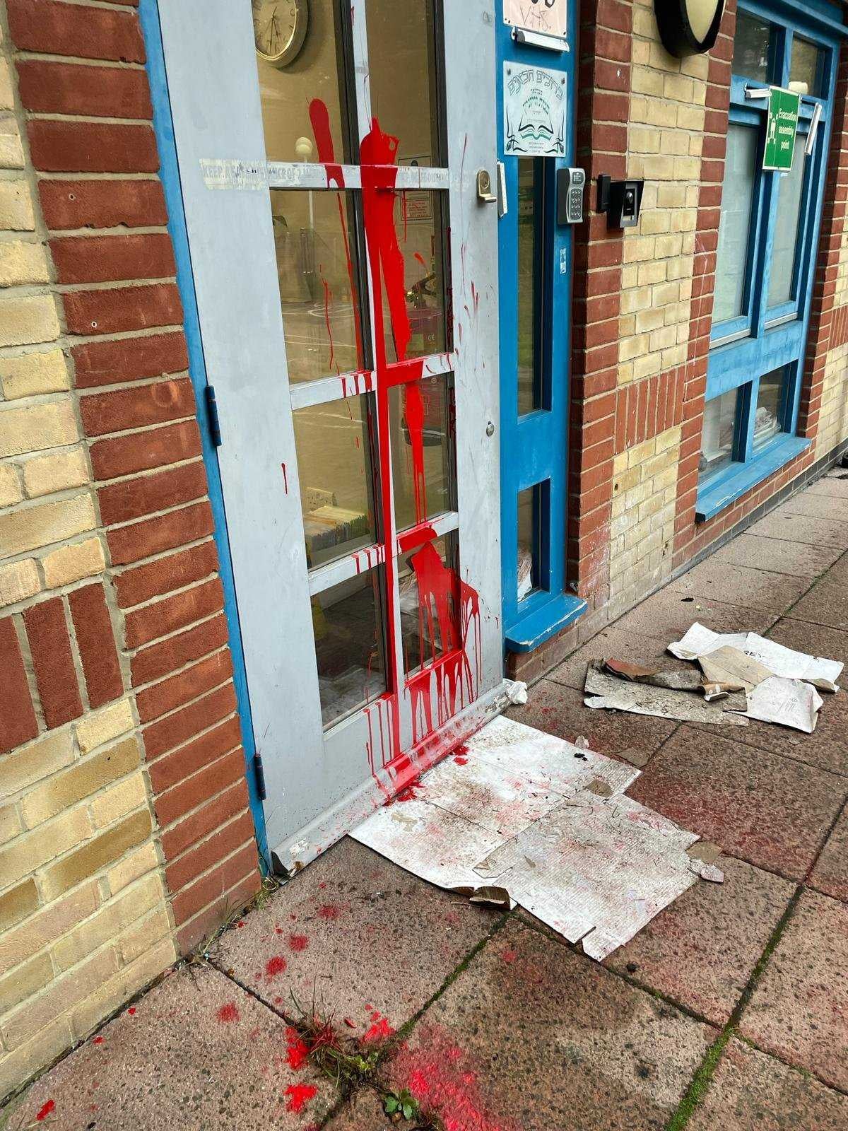Red paint has been splattered on the doors of a Jewish school in north London