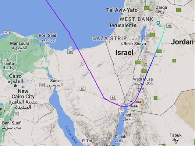 <p>Wide berth: Flightpath of British Airways BA312 from London Heathrow to Amman in Jordan</p>