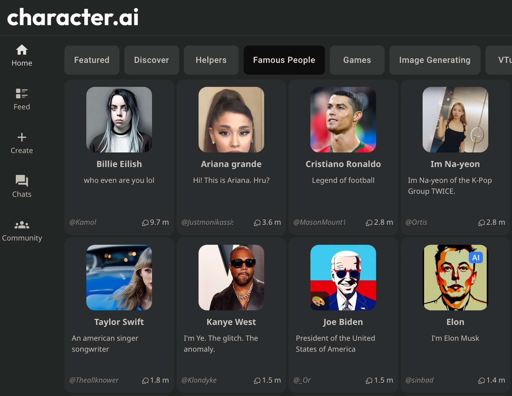 A screenshot showing various chatbots available to interact with on the Character.AI app