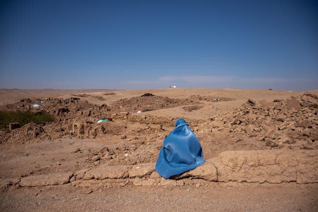 <p>An Afghan woman observes a ruined village near Herat after the earthquake</p>