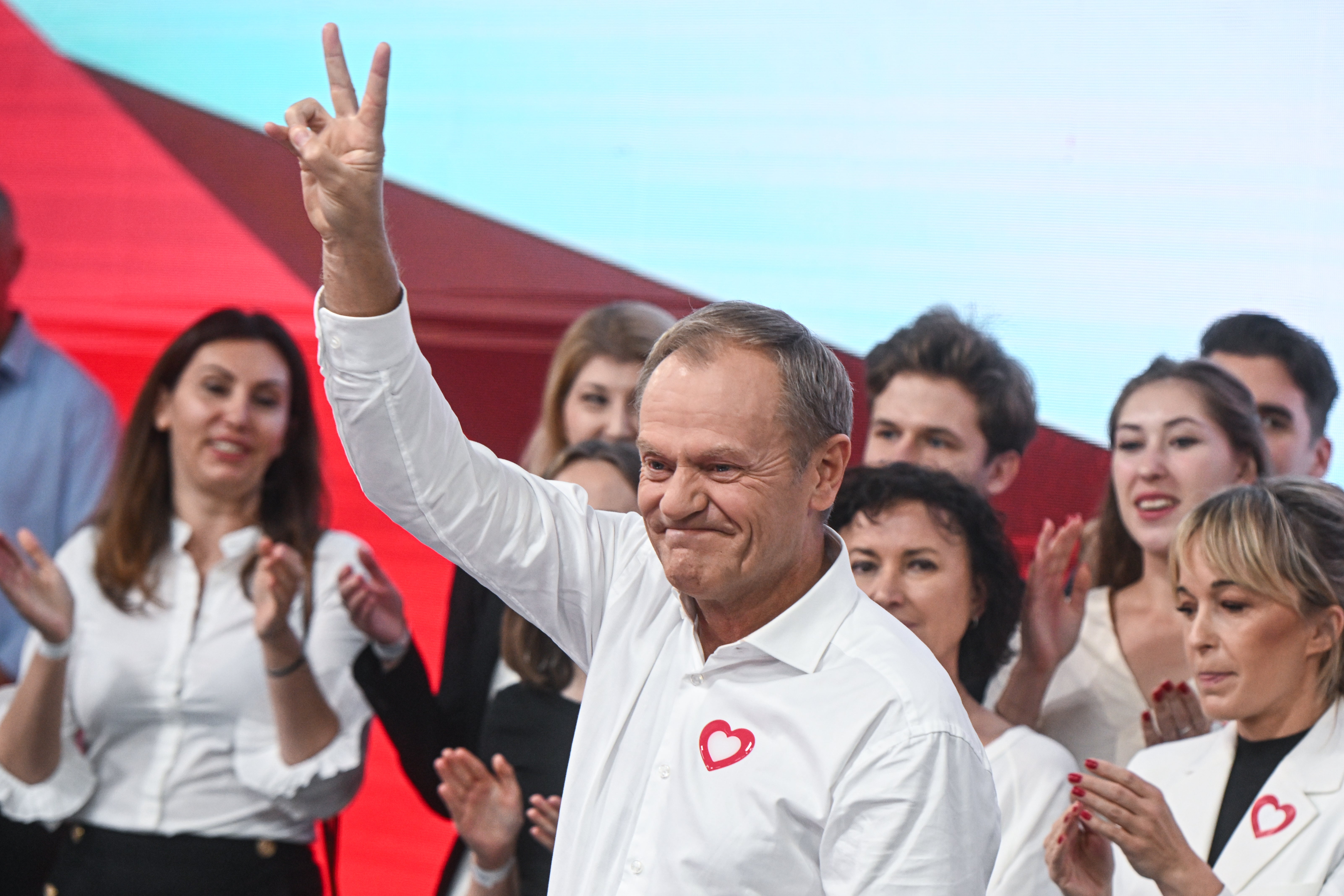 Donald Tusk, the leader of Civic Coalition (KO), celebrates the exit poll in Poland’s election