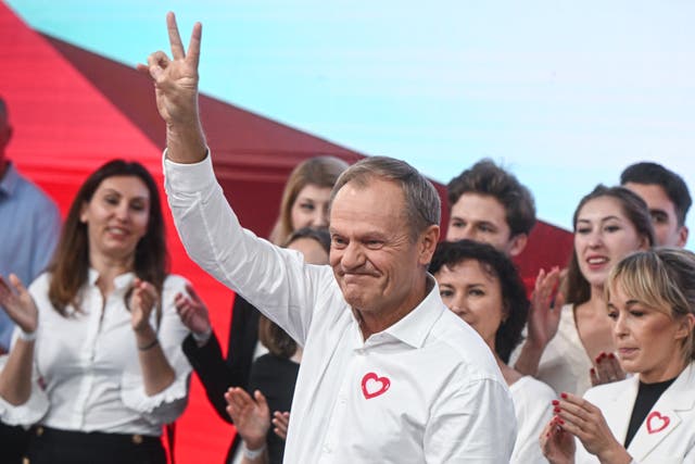 <p>Donald Tusk, the leader of Civic Coalition (KO), celebrates the exit poll in Poland’s election</p>