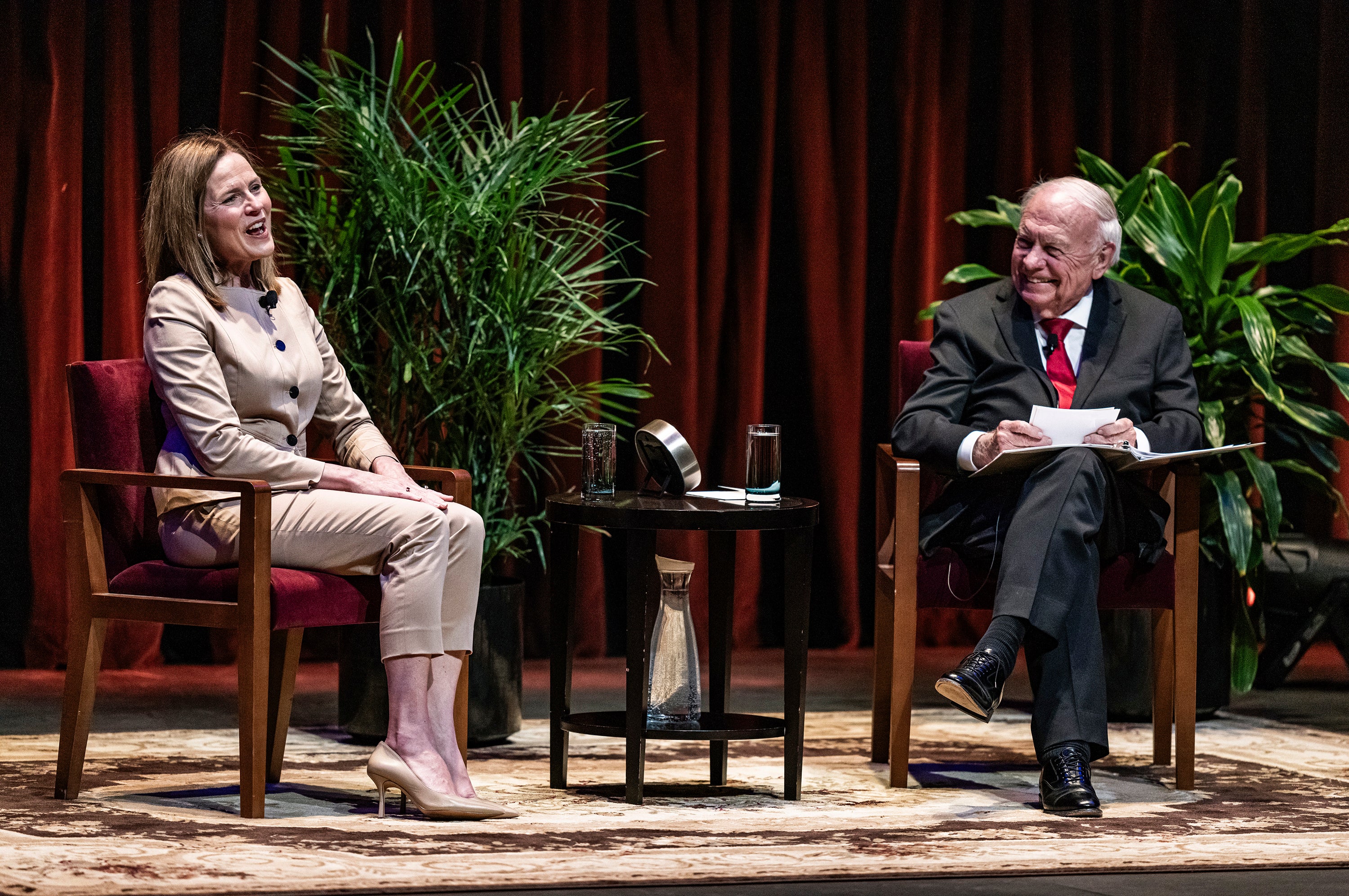U.S. Supreme Court Justice Amy Coney Barrett speaks with Professor Robert A. Stein at Northrop Auditorium as part of the Stein Lecture Series in Minneapolis, Monday, Oct. 16, 2023
