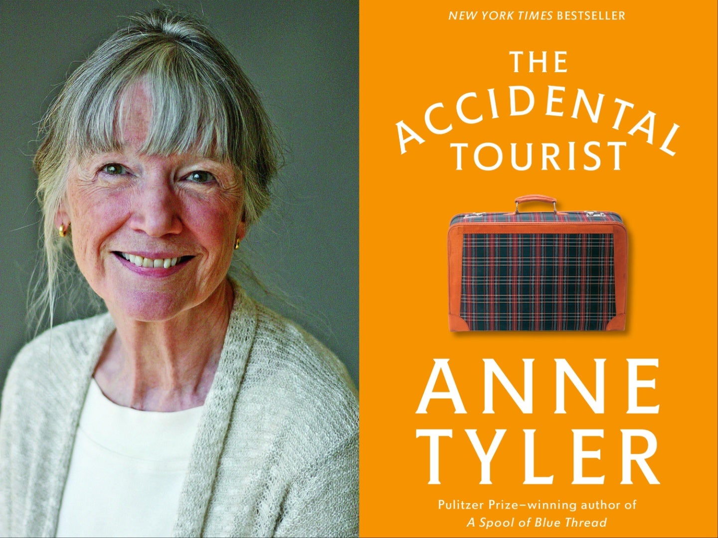 Author Anne Tyler, left, and the front cover of her novel The Accidental Tourist, right