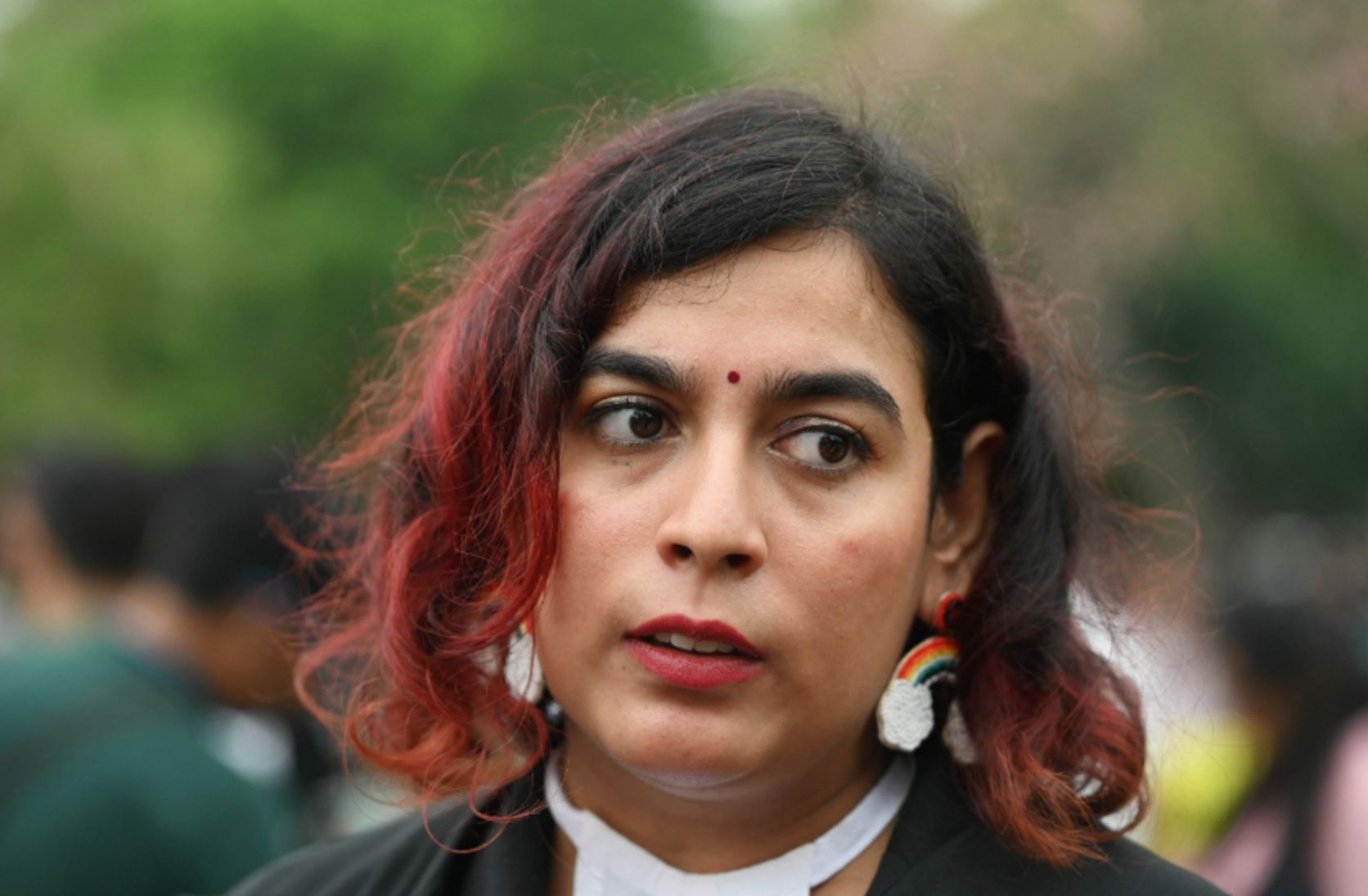 LGTB+ activist Shivangi Sharma speaks with the media at the courtyard of India’s Supreme Court