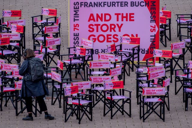 <p>Some of 75 chairs marking the 75th anniversary of the Book Fair are pictured at the Book Fair in Frankfurt, Germany,</p>