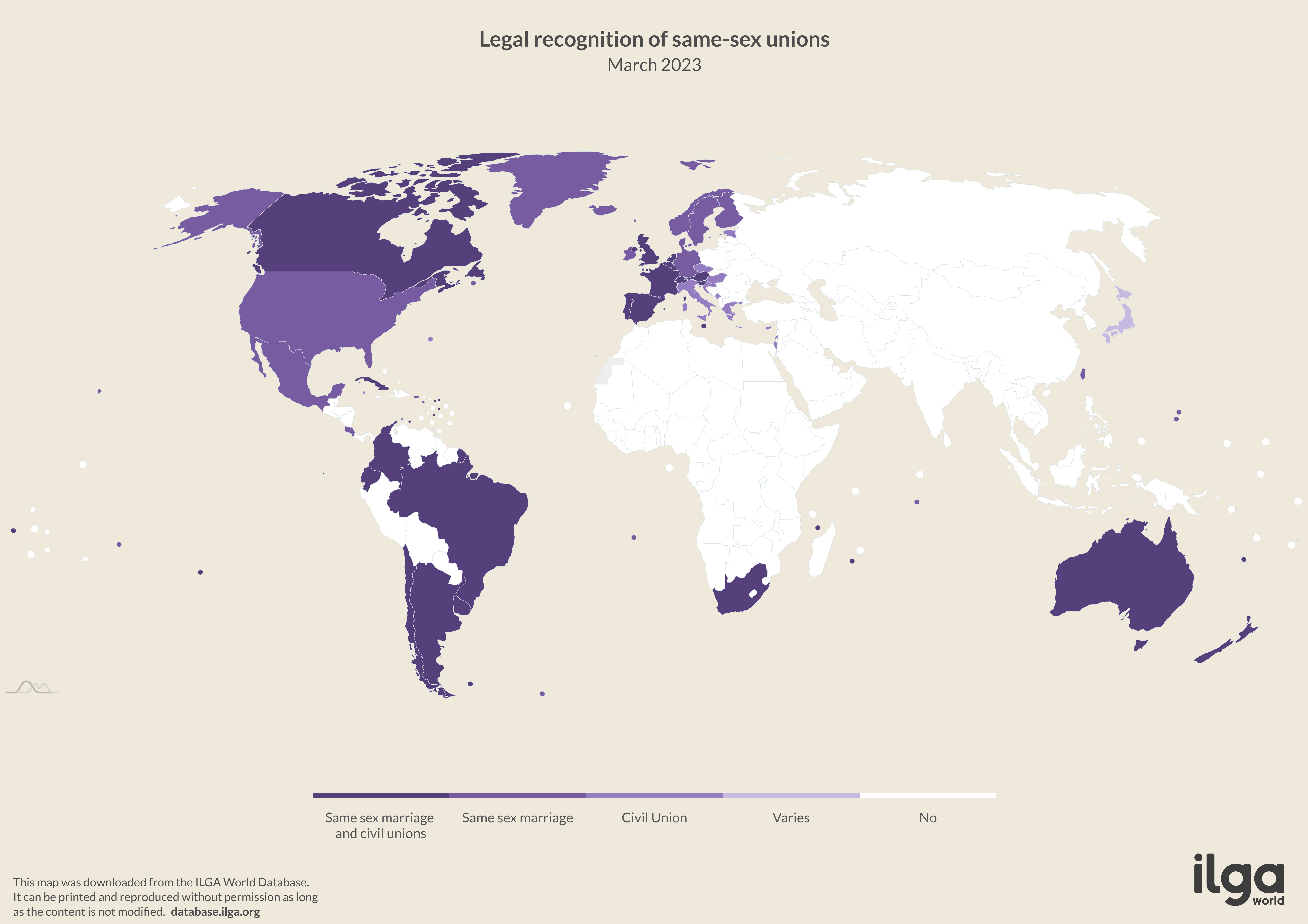 Last updated in March 2023, this map shows the countries that recognise marriage equality. Nepal’s top court has since issued an order de facto legalising same-sex marriage