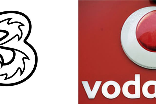 Composite of undated handout file photos issued by Three and Vodafone of their logos, as the mobile phone firm’s owner CK Hutchison Group have announced an agreement to merge their UK networks in a deal to create a European 5G giant.