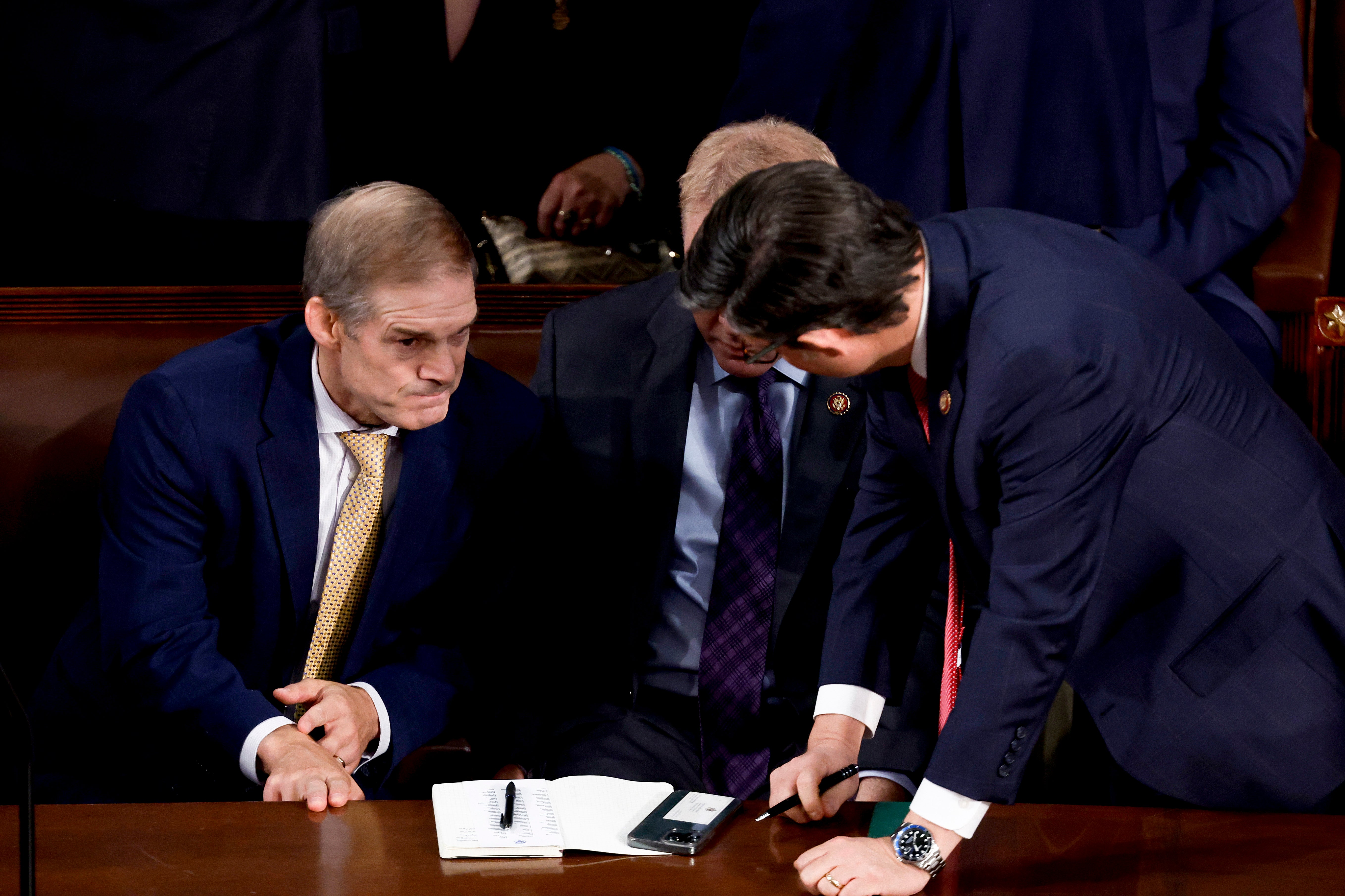 <p> U.S. Rep. Jim Jordan (R-OH) talks with staff and fellow lawmakers as the House of Representatives meets to elect a new Speaker of the House at the U.S. Capitol Building on October 17, 2023 in Washington, DC.</p>