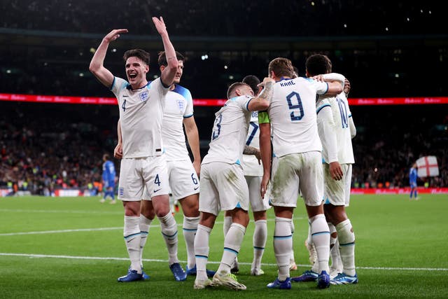 <p>Declan Rice celebrates as England brushed Italy aside </p>
