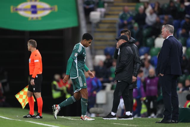 Northern Ireland’s Shea Charles reacts after being shown a red card during the UEFA Euro 2024 qualifying match at Windsor Park, Belfast. Picture date: Tuesday October 17, 2023.