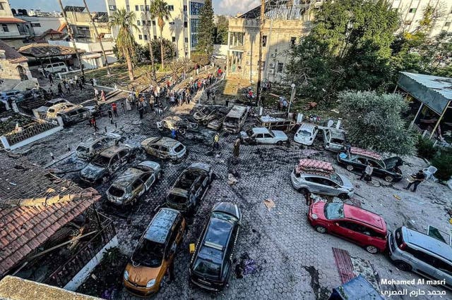 <p>The aftermath of an explosion that allegedly took place in the car park of Al-Ahli Arabi Hospital </p>