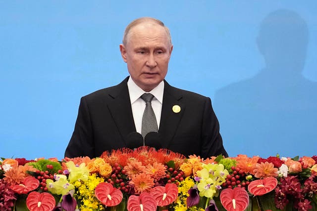 <p>Russian President Vladimir Putin delivers a speech during the Belt and Road Forum at the Great Hall of the People in Beijing</p>