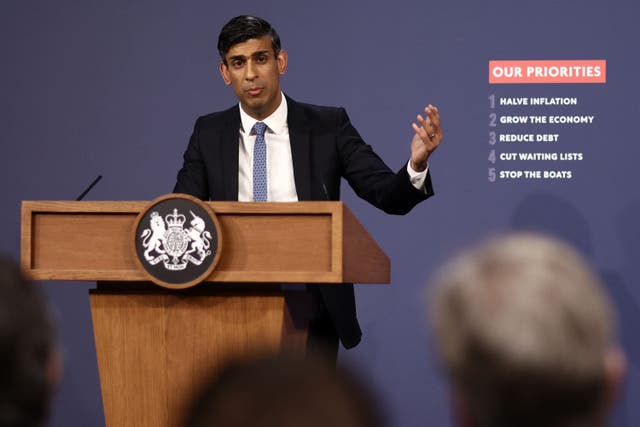 Rishi Sunak insisted he will meet his target of halving inflation despite progress stalling as the Consumer Prices Index remained stuck at 6.7% (PA)