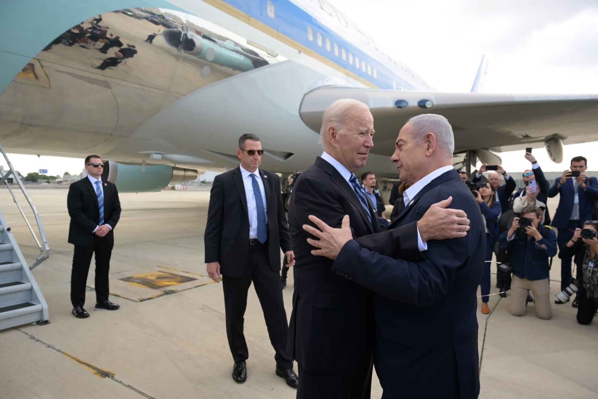 US president Joe Biden is greeted by Israeli prime minister Benjamin Netanyahu on arrival at Tel Aviv’s Ben-Gurion International Airport