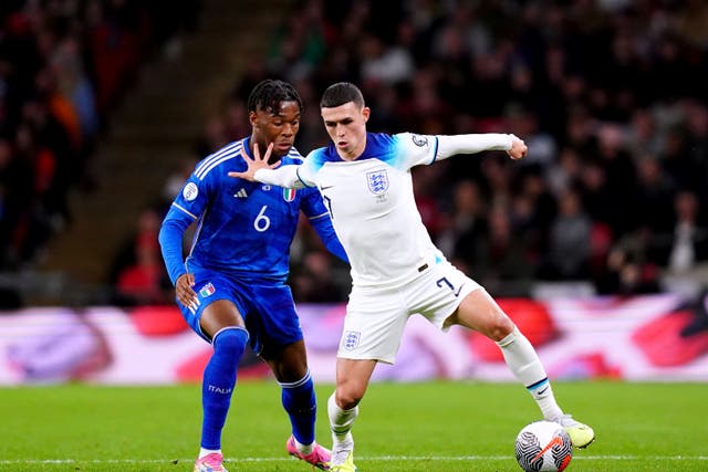 England’s Phil Foden (right) battles for the ball with Italy’s Destiny Udogie (John Walton/PA).