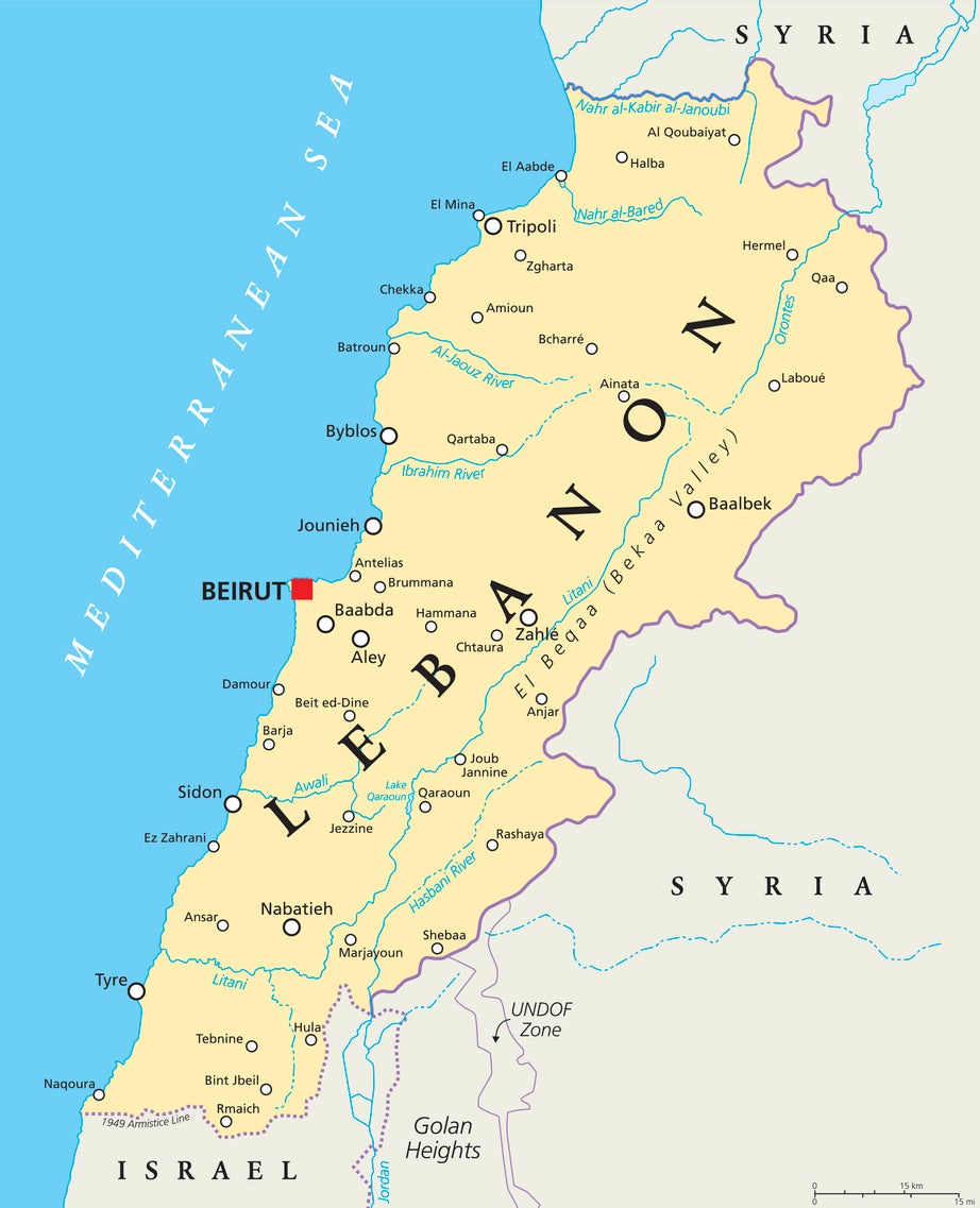 Lebanon sits on the Mediterranean Sea, sharing the border with Israel to the south