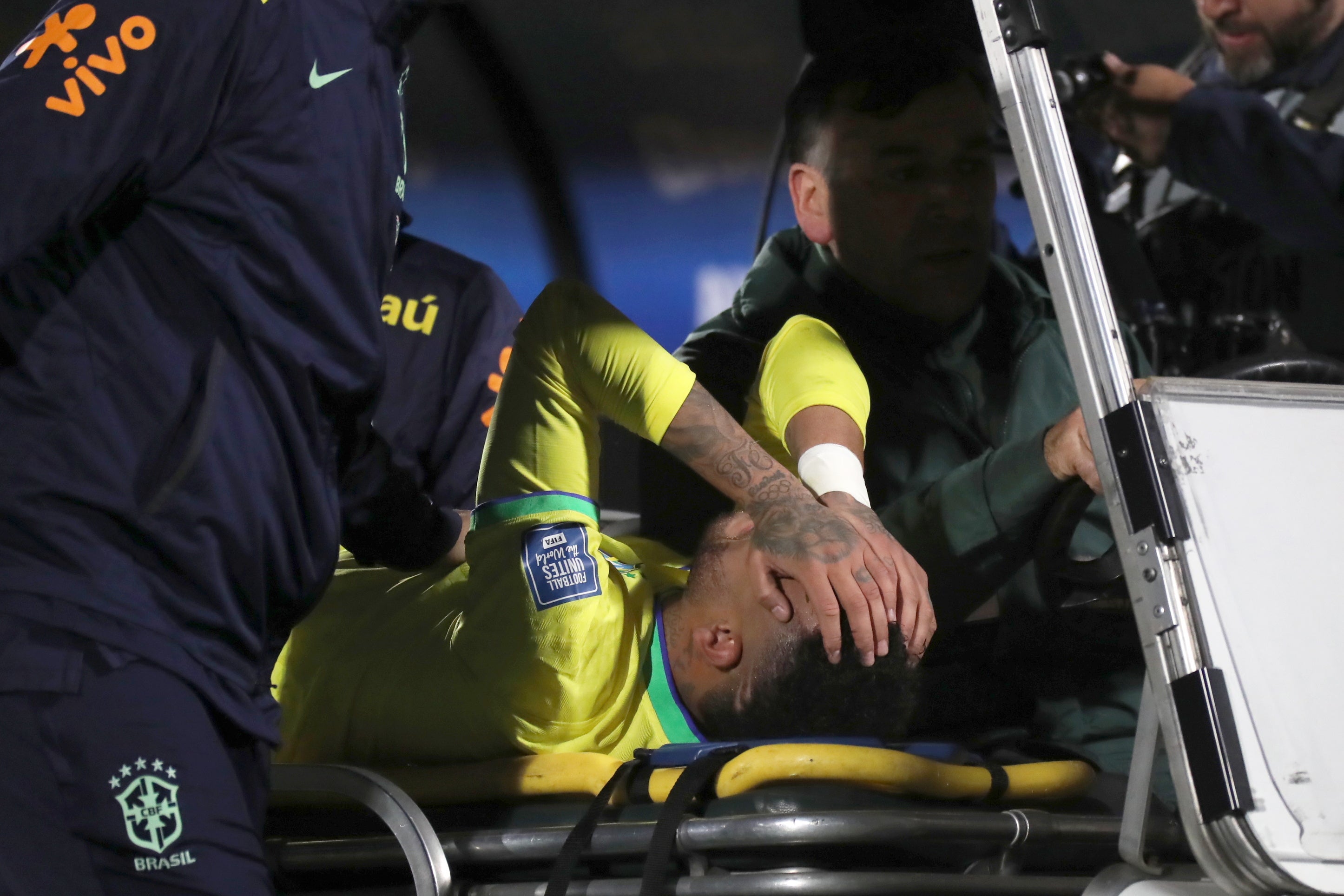 Neymar was carried off on a stretcher in tears after suffering a serious knee injury on international duty in October