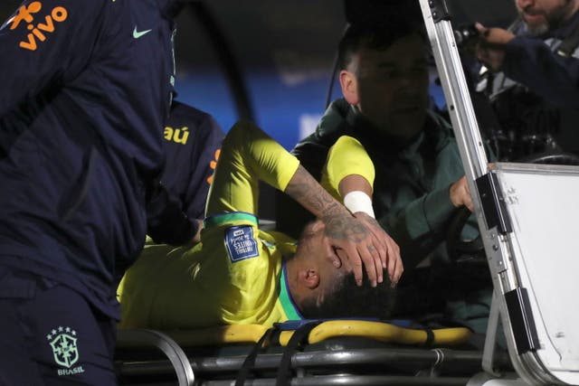 <p>Neymar was carried off on a stretcher in tears after suffering a serious knee injury on international duty in October </p>