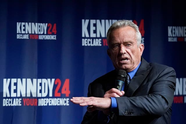<p>Robert F Kennedy Jr, speaks during a campaign event at the Adrienne Arsht Center for the Performing Arts of Miami-Dade County, Thursday, Oct. 12, 2023, in Miami.</p>