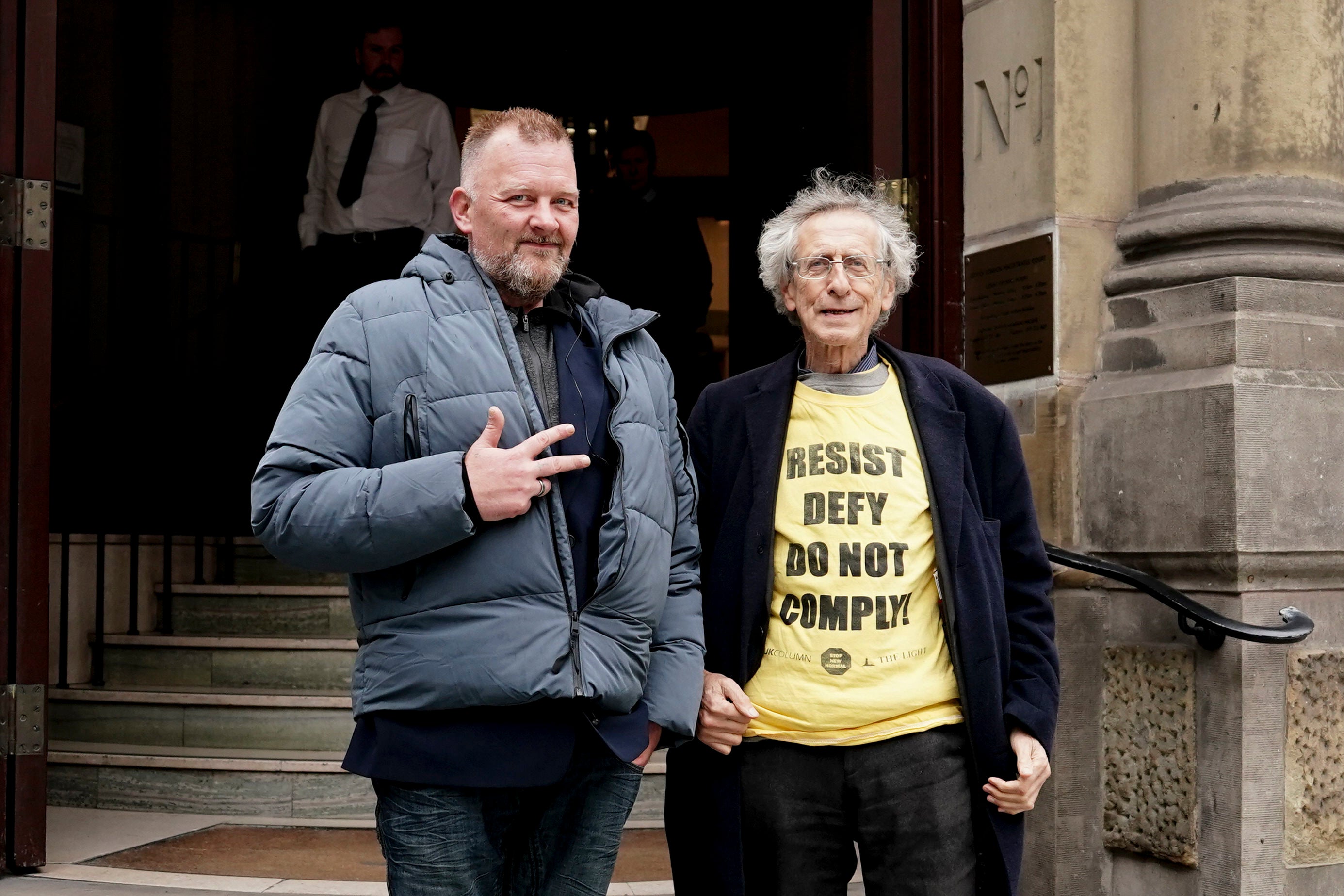 Parry attended court with Piers Corbyn (R) at City Of London Magistrates' Court