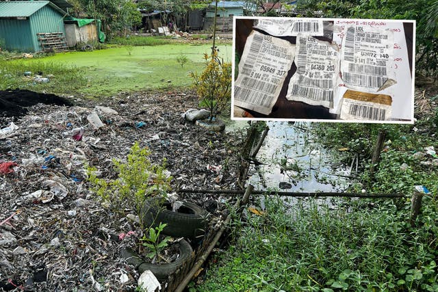 <p>Plastic waste in Yangon's Shwepyithar township on October 11, 2023. A recent investigation found trash from western countries in the piles of garbage. Inset: Labels from a branch of Lidl in the UK</p>
