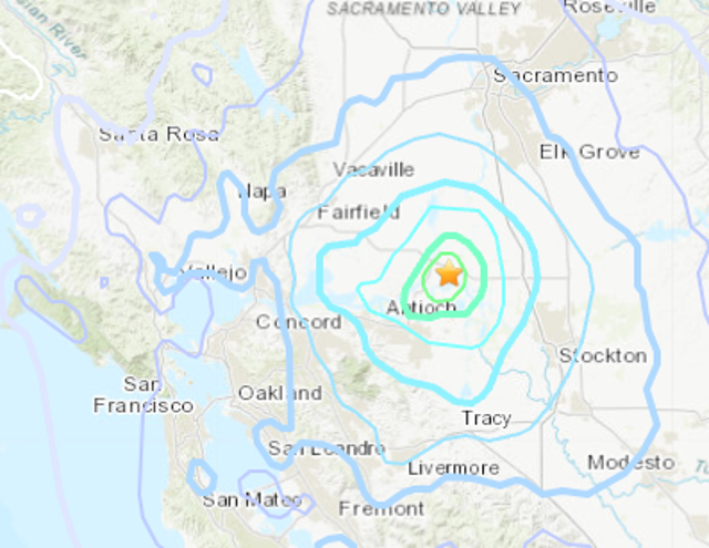 <p>A digital map showing the location of an 18 October, 2023, earthquake that took place outside of Sacramento, California</p>