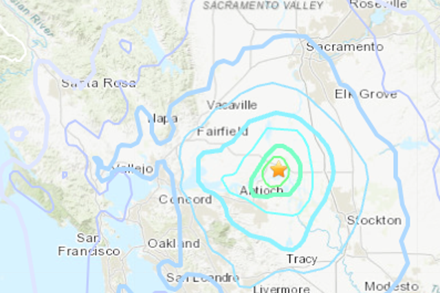 <p>A digital map showing the location of an 18 October, 2023, earthquake that took place outside of Sacramento, California</p>