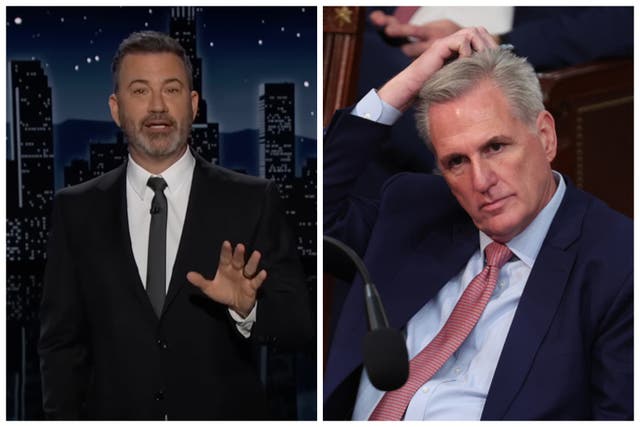 <p>Jimmy Kimmel (left) cracked a joke at former Speaker of the House Kevin McCarthy (right) after he blamed Democrats for the speaker chaos</p>