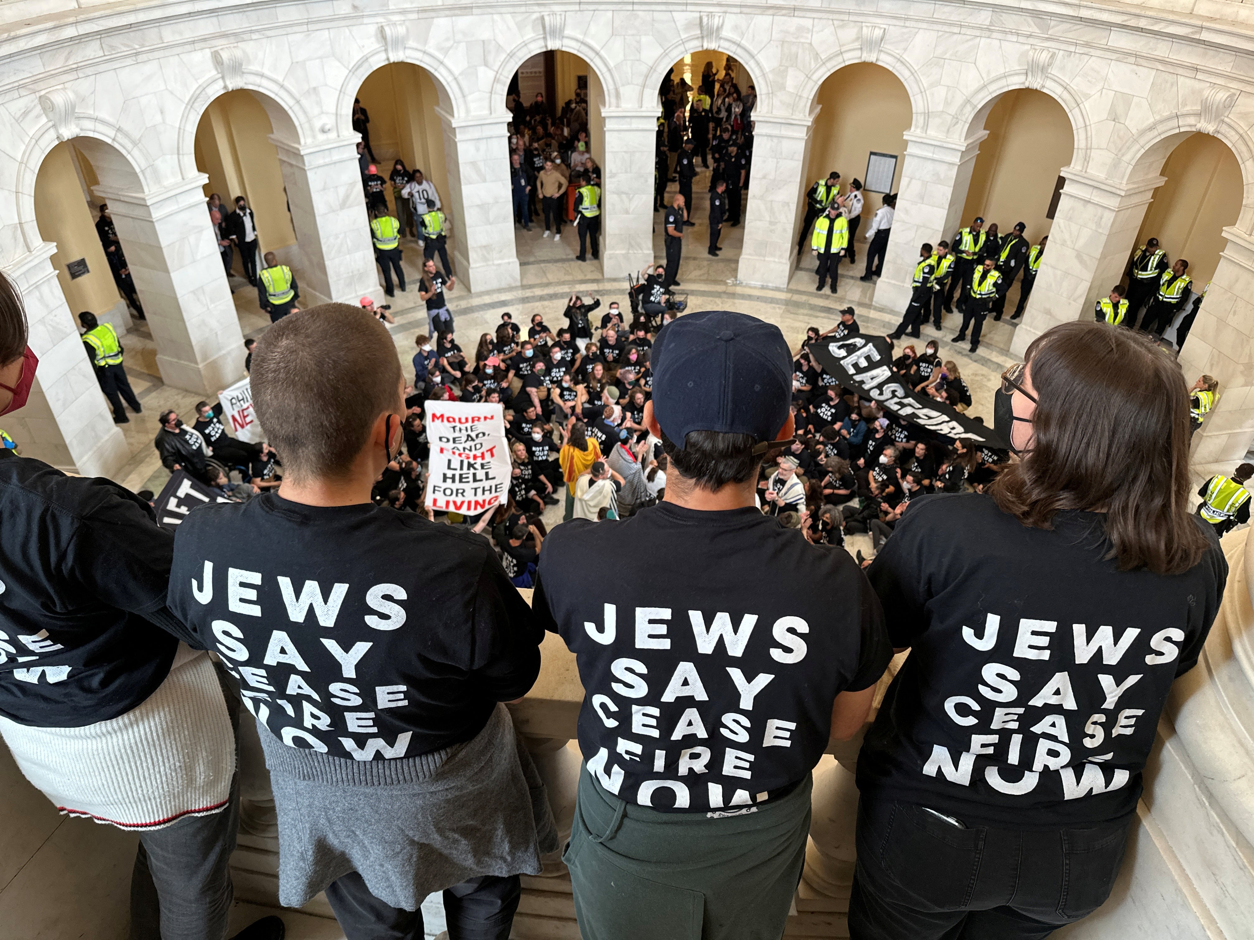 Protesters calling for a cease fire in Gaza occupy House office building rotunda on Capitol Hill in Washington