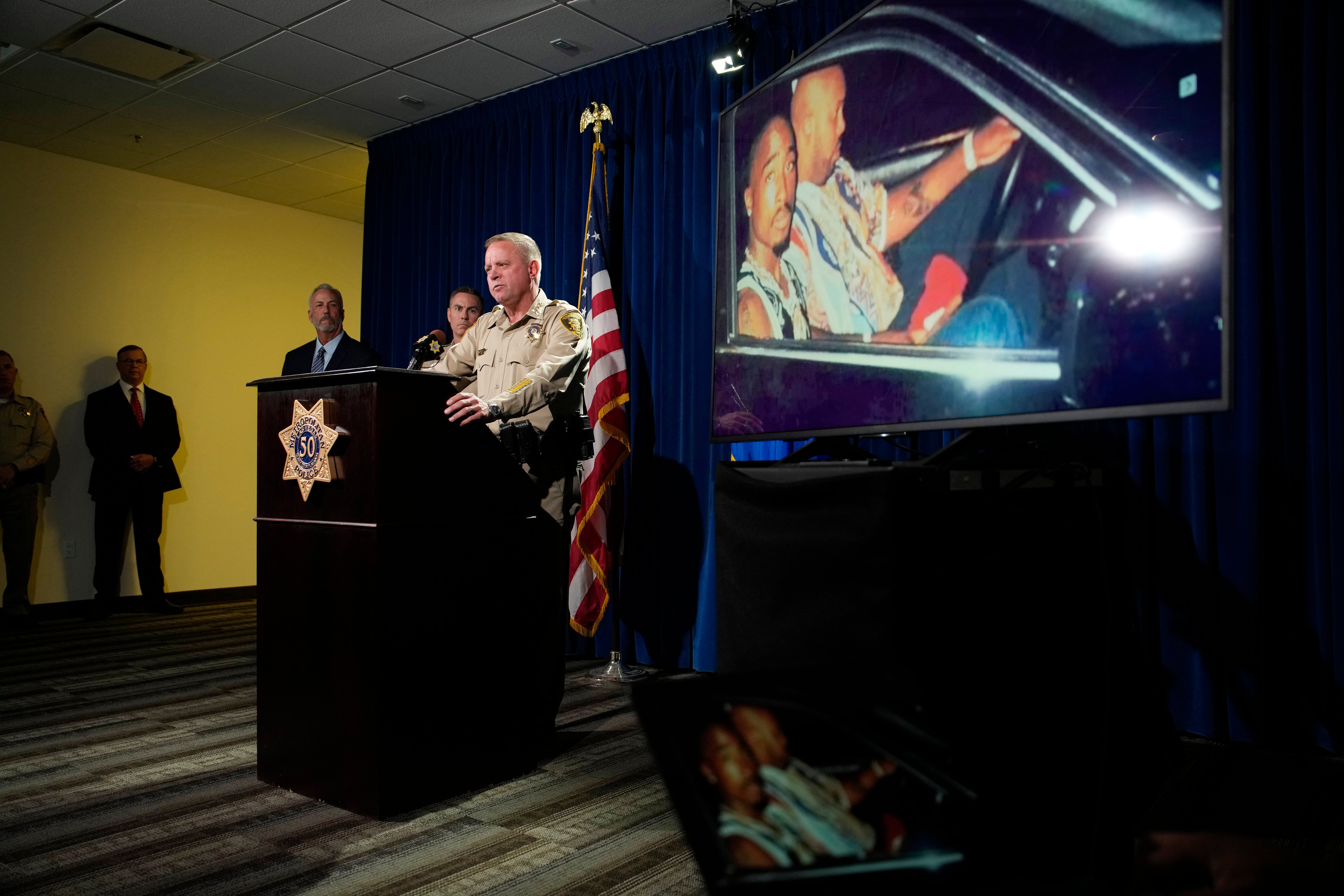 Las Vegas Sheriff Kevin McMahill speaks during a news conference on an indictment in the 1996 murder of rapper Tupac Shakur, Sept. 29, 2023, in Las Vegas.