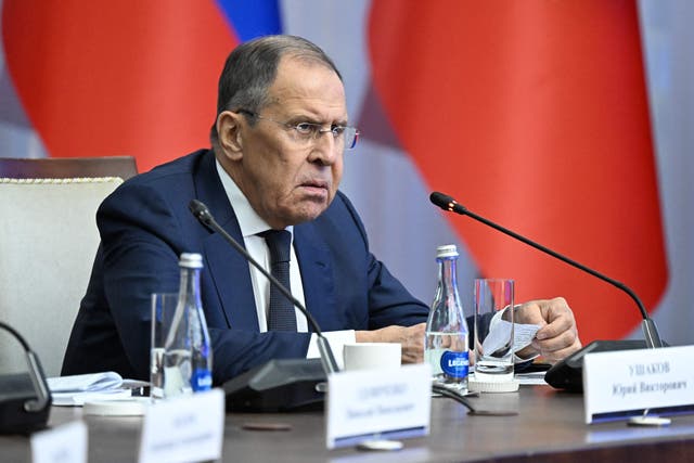 <p>Russia’s foreign minister Sergei Lavrov attending a meeting of presidents of Russia and Kyrgyzstan in Bishkek</p>