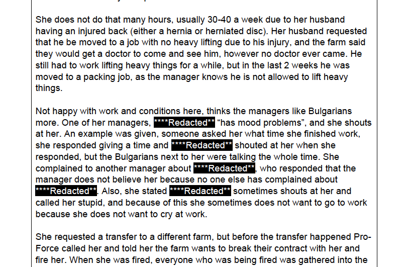 <p>An extract from one of the inspection reports, which includes a claim from a worker that a manager called her ‘stupid’ </p>