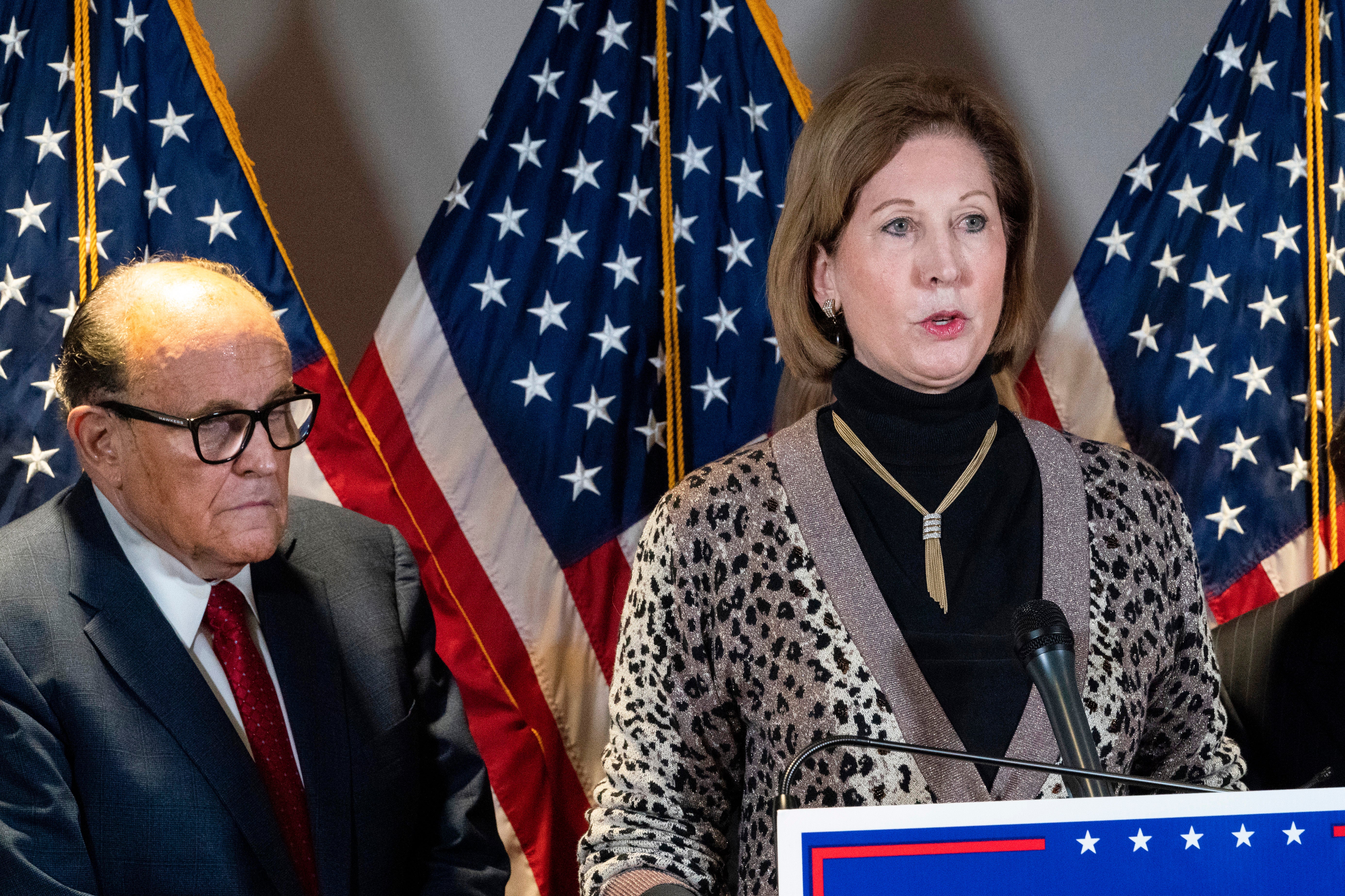 Sidney Powell and Rudy Giuliani speak at an infamous post-election press conference at the Republican National Committee headquarters on 19 November, 2020.