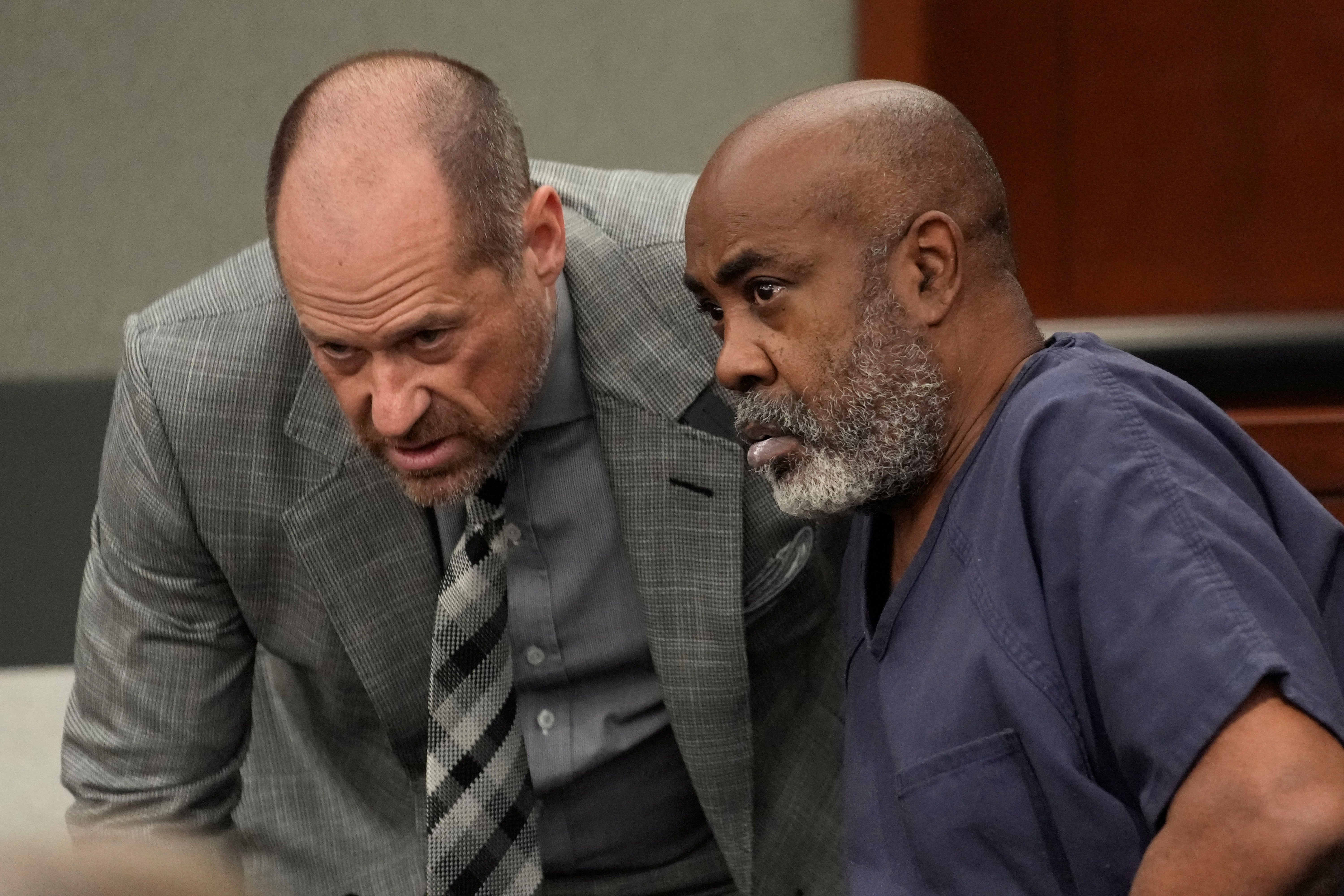 Duane "Keefe D" Davis, right, speaks with attorney Ross Goodman in court Thursday, Oct. 19, 2023