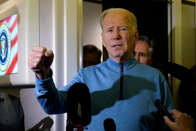 <p>President Joe Biden talks to reporters aboard Air Force One during a refueling stop in at Ramstein Air Base in Germany, Wednesday, Oct. 18, 2023, as he travels back from Israel to Washington. (AP Photo/Evan Vucci)</p>