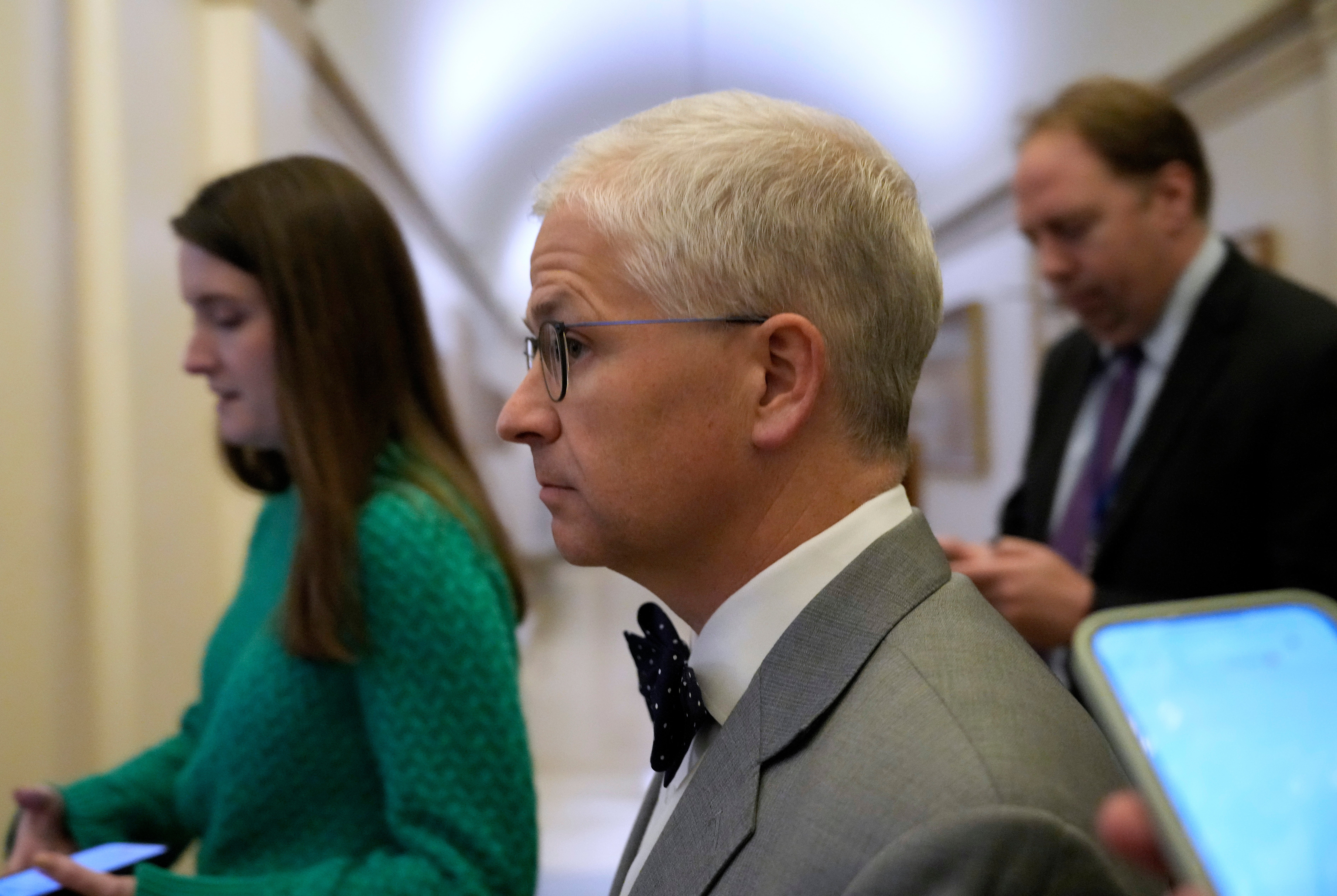 US Rep Patrick McHenry, who serves as speaker pro tempore, walks through the halls at the US Capitol on 19 October 2023 in Washington