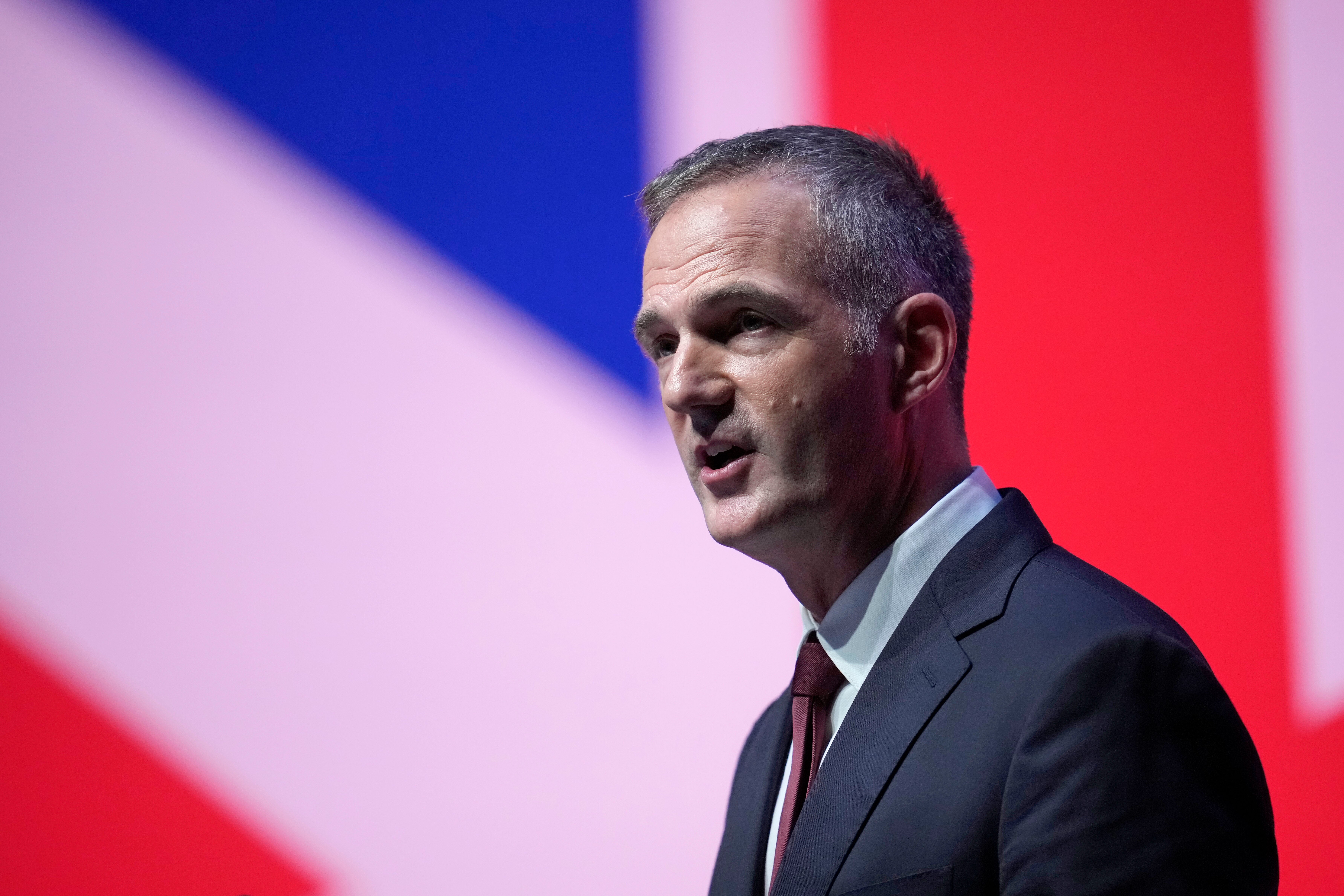 Peter Kyle delivers a speech to party delegates on day two of the Labour Party conference on 9 October 2023 in Liverpool, England