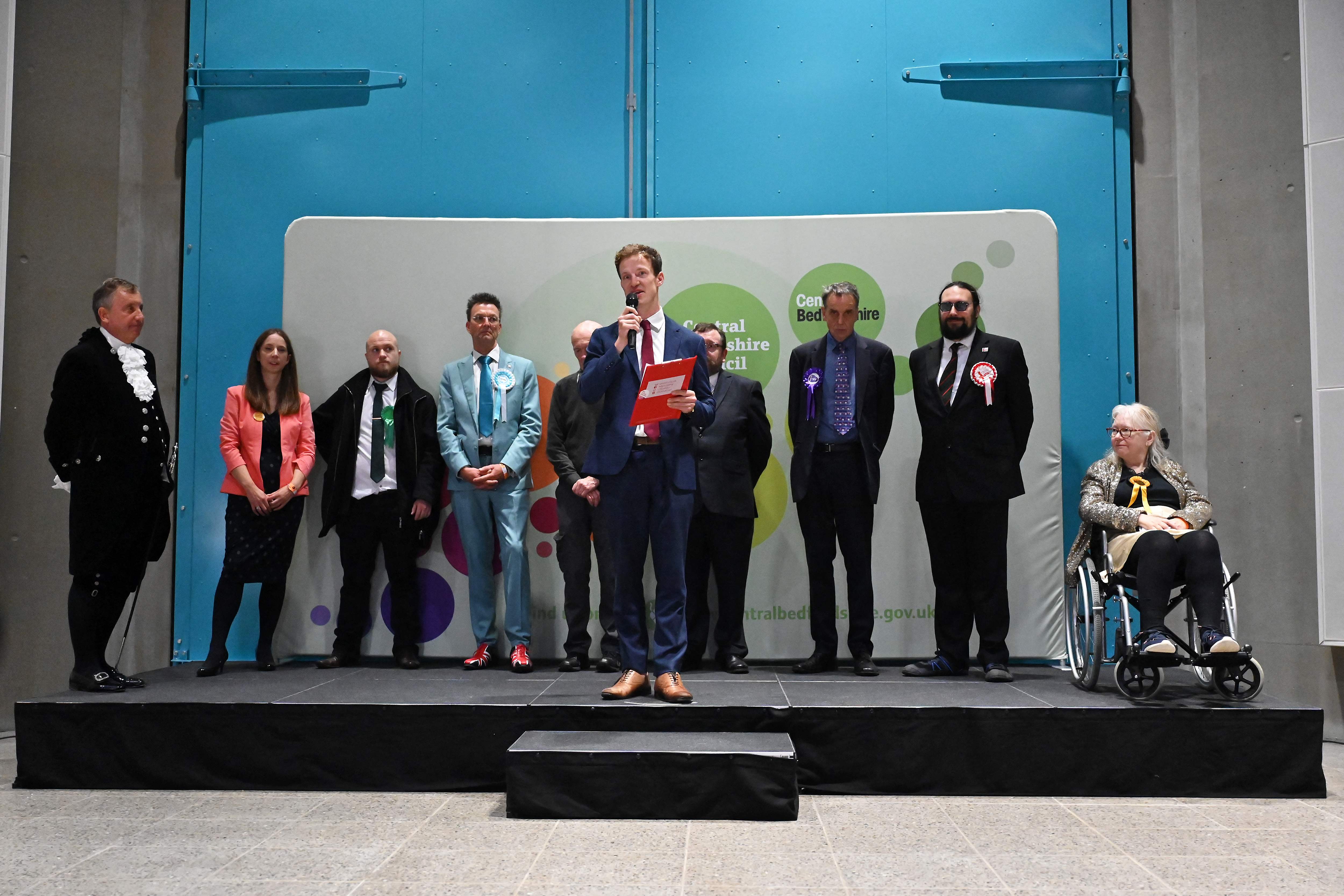 Labour Party candidate Alistair Strathern gives a speech after winning the Mid Bedfordshire Parliamentary by-election, at the count centre in Shefford, north of London on 20 October 2023